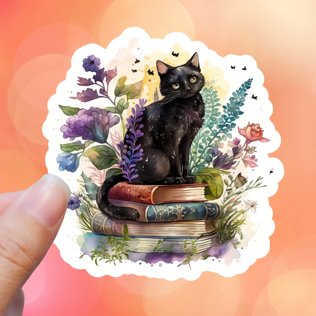 Cute Cat With Books Sticker, Black Cat Sticker, Kindle Stickers, Book ...