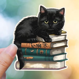 Black Cat Sticker Cat Sticker Stack of Books Flower Sticker Books and Cats Books and Flowers Black Cat Butterfly Sticker Laptop Sticker