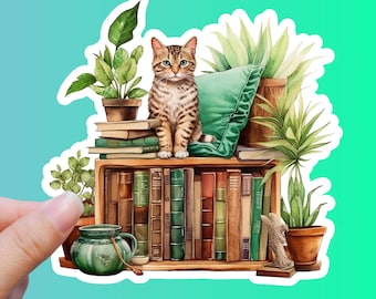 Orange Cat Sticker, Summer Gift, Books Cats Plants Sticker, 2025 Planner Sticker, Cute Kindle Sticker, Bookish Kitty Sticker, Laptop Sticker