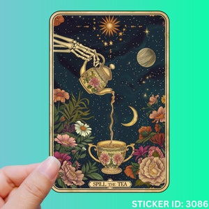 Sticker carte tarot renverser le thé, stickers carte de tarot drôle, étiquette occulte, sticker sarcastique pour ordinateur portable, sticker sorcière, sticker potins, meilleur ami