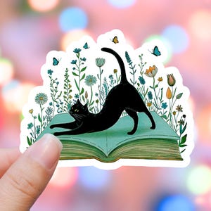 Black Cat Sticker Cat Sticker Stack of Books Flower Sticker Books and Cats Books and Flowers Black Cat Butterfly Sticker Laptop Sticker