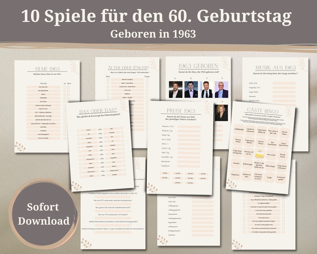 60. Geburtstag 10 Spiele Geburtstag Geschenk PDF Etsy