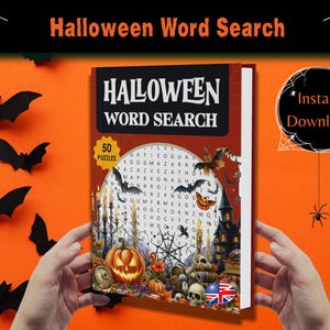 Könnte beinhalten: Ein rotes und schwarzes Buch mit dem Titel "Halloween Word Search" und einem Bild eines Spukhauses, Kürbissen und Fledermäusen. Das Buch enthält 50 Rätsel und ist zum sofortigen Download verfügbar.
