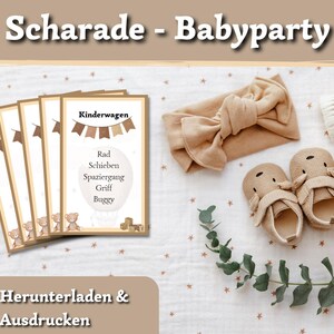 Scharade | 99 Karten | Babyshower | Begriffe Raten | PDF | Deutsch | Download | Herunterladen | Spiel | Babyparty | Boho | Beige