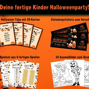 Könnte beinhalten: Ein Halloween-Party-Set mit verschiedenen Elementen. Enthält Halloween-Karten, Einladungskarten, Malvorlagen und Spielbögen. Der Text auf den Karten enthält Wörter wie "Monster" und "Vampir". Das Farbschema ist orange und schwarz.