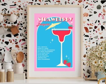 Colorful retro Strawberry Daiquiri poster kitchen dining room wall art , Vintage cocktail recipe art print wall decor Strawberry Daiquiri