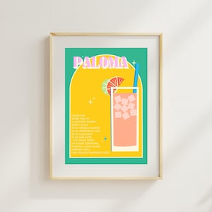 Gelb maximalistisches buntes Retro Paloma Cocktailplakat Küche Esszimmer Wandkunstdruck, Vintage Cocktailrezept Paloma Getränk Wohnkultur