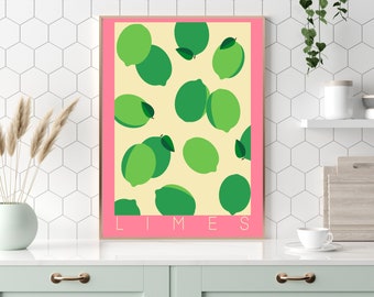 Colorful retro Limes poster kitchen dining room wall art, Vintage fruit limes oranges lemon set art print wall decor colorful Wanddeko kuche