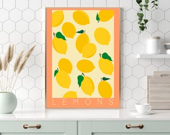 Colorful retro Lemons poster kitchen dining room wall art, Vintage fruit lemons oranges set art print wall decor colorful, Wanddeko kuche