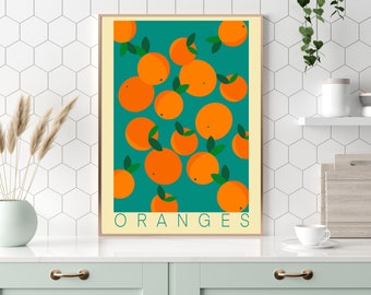 Colorful retro oranges poster kitchen dining room wall art, Vintage fruit oranges lemons set art print wall decor colorful, Wanddeko kuche