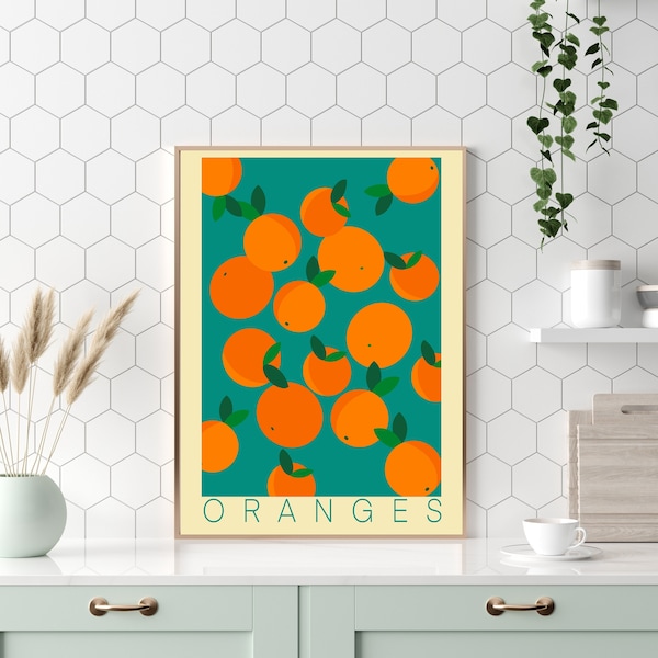 Colorful retro oranges poster kitchen dining room wall art, Vintage fruit oranges lemons set art print wall decor colorful, Wanddeko kuche