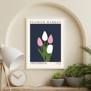 Impression d'art du marché aux fleurs, affiche du marché aux fleurs de tulipes d'Amsterdam, art mural botanique élégant bleu blanc, décoration florale du marché aux fleurs