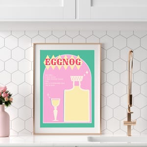 Póster de cóctel de ponche de huevo navideño retro vintage colorido con receta / Impresión artística de cóctel de ponche de huevo, decoración de pared para cocina y comedor