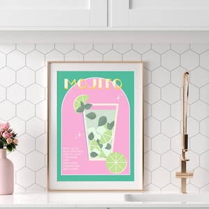 Buntes Retro Mojito Rezept Plakat Küche Esszimmer Wandkunst, Vintage minimalistisches Cocktailrezept Kunstdruck Wanddekor, kleine Geschenkidee