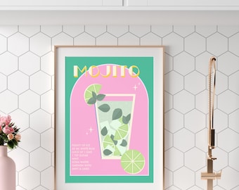 Colorful retro Mojito recipe poster kitchen dining room wall art, Vintage minimalist cocktail recipe art print wall decor, Small gift idea