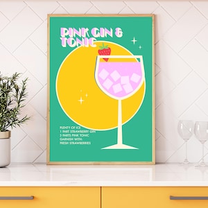 Póster de gin tonic retro maximalista colorido en rosa para cocina, comedor, arte de pared, impresión artística de receta de cóctel vintage, pequeña idea de regalo