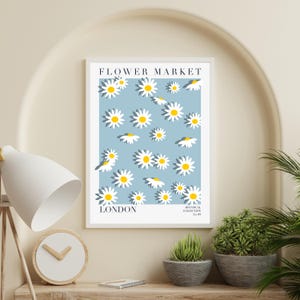Stampa artistica con margherite del mercato dei fiori blu e bianco, poster del mercato dei fiori di Londra, decorazione da parete con margherite Matisse verde pastello, arredamento botanico per la casa