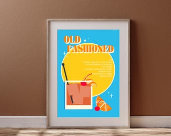 Blue colorful maximalist retro Old Fashioned poster kitchen dining room wall art, Vintage cocktail recipe print home decor, Small gift idea