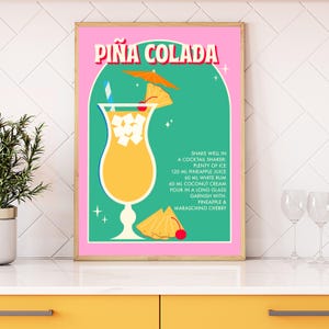 Póster retro de piña colada de color rosa y colorido para pared de cocina y comedor, impresión artística con receta de cóctel vintage, decoración del hogar, pequeña idea para regalo