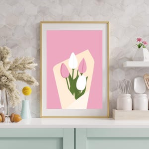 Impression d'art bouquet blanc et rose de tulipes, art mural floral printanier coloré, décoration murale botanique printanière tendance, affiche minimaliste de fleurs