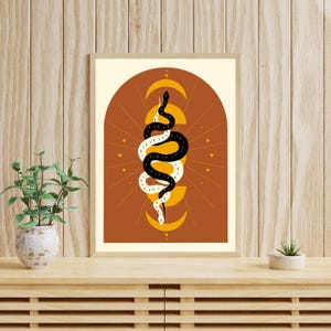 Anno del serpente, stampa minimalista eclettica boho con serpente, stampa murale geometrica con serpente terroso, poster dello zodiaco cinese, arte simbolica del capodanno lunare