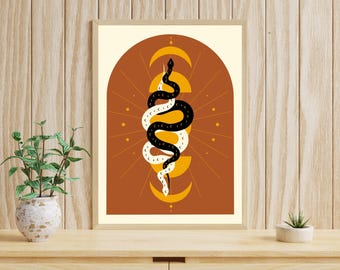 Année du serpent, impression serpent boho éclectique, minimaliste, art mural serpent terreux géométrique, affiche du zodiaque chinois, art symbolisme du nouvel an lunaire