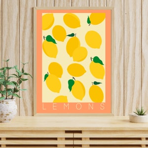 May include: A digital art print with a yellow background and a pattern of yellow lemons with green leaves. The text "LEMONS" is at the bottom of the print.
