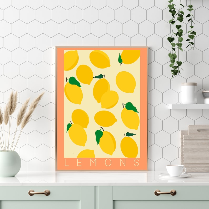 May include: A digital print with a yellow background and a pattern of lemons with green leaves. The text "LEMONS" is at the bottom of the print.