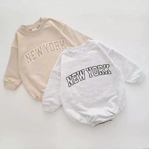 Baby/toddler ‘new York’ slogan sweatshirt romper | neutral tone | unisex boho baby | boy & girl