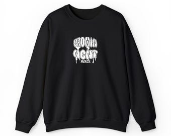 Sweat-shirt avec texte dégoulinant : pull graphique audacieux, col ras du cou streetwear tendance