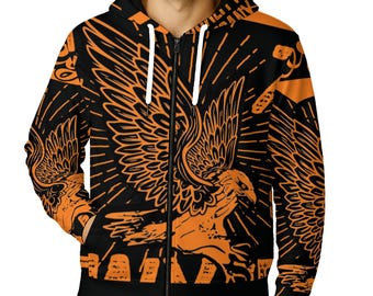 Sweat à capuche unisexe orange et noir Prominent Eagle imprimé all over