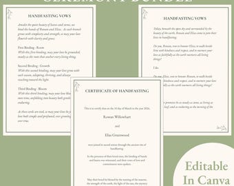 Paquete de ceremonia de matrimonio pagano botánico minimalista, recuerdo de matrimonio espiritual, plantilla editable de Canva, descarga PDF imprimible