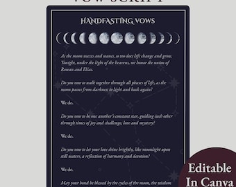 Guión de votos de matrimonio de luna y estrellas wiccan, recuerdo de boda pagana celestial, ritual de matrimonio espiritual, editable, Canva, digital, imprimible, PDF