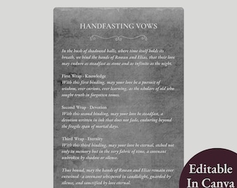 Guiones para atar cordones de la Academia Gótica Oscura, recuerdo de ceremonia de boda pagana, ritual de matrimonio de brujas, plantilla imprimible y editable de Canva.