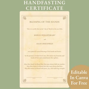 Blessing of the Hands Certificate Pagan Wedding Marriage Ceremony Keepsake Quaker Ritual Handfasting Vow Renewal Editable Canva Template PDF