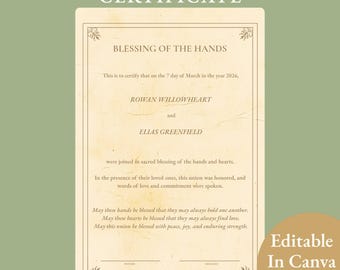 Certificado de bendición de manos, boda pagana, recuerdo de ceremonia matrimonial, ritual cuáquero, matrimonio de manos, renovación de votos, plantilla editable de Canva en PDF.