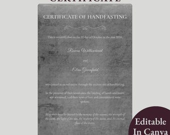 Certificado de matrimonio de la Academia Gótica Oscura, recuerdo de ceremonia de boda pagana, ritual de matrimonio de brujas, plantilla imprimible y editable de Canva (PDF)