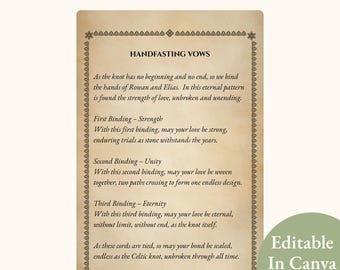 Guiones para atar cordones de handfasting, nudo celta, ceremonia pagana de unión nupcial, recuerdo imprimible, plantilla editable de Canva
