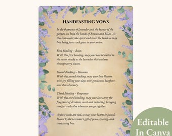 Guion para ceremonia de unión de manos con lazo floral botánico, ritual pagano, recuerdo, editable en Canva, imprimible en PDF.