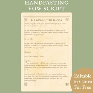 Blessing of the Hands Vow Script Pagan Wedding Marriage Ceremony Keepsake Quaker Ritual Handfasting Vow Renewal Editable Canva Template PDF