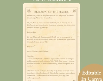 Guión de votos para la bendición de las manos, ceremonia de matrimonio pagana, recuerdo, ritual cuáquero, matrimonio de manos, renovación de votos, plantilla editable en Canva (PDF)