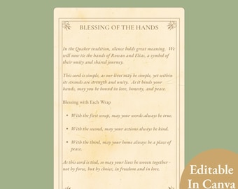 Bendición de las manos, unión de manos, atado de cordón, guion, boda pagana, ceremonia matrimonial, recuerdo, ritual cuáquero, renovación de votos, editable en Canva y PDF