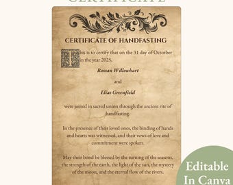 Certificado de matrimonio medieval iluminado, recuerdo de ceremonia de matrimonio pagana, fantasía renacentista, plantilla editable de Canva imprimible.