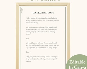 Guión de votos de matrimonio, ceremonia de boda pagana botánica minimalista, recuerdo de matrimonio espiritual, plantilla editable de Canva, PDF imprimible