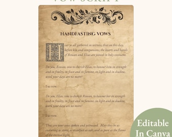 Guión de votos de matrimonio medieval, iluminado, renacentista, fantasía pagana, recuerdo de ceremonia de boda, plantilla editable de Canva, PDF imprimible