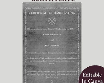 Certificado de matrimonio con runas vikingas, ceremonia de boda pagana nórdica, recuerdo ritual, runas nórdicas, plantilla editable de Canva, PDF imprimible.