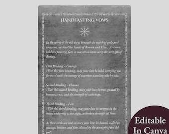 Guiones para atar cordones de unión de manos, runas vikingas, ceremonias de boda paganas nórdicas, recuerdos rituales, runas nórdicas, plantilla editable de Canva imprimible