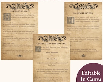 Conjunto de ceremonia de boda pagana medieval iluminada para ceremonia de matrimonio, recuerdo de ritual de boda de fantasía renacentista, plantilla imprimible de Canva