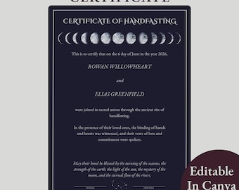 Certificado de matrimonio de luna y estrellas wiccanas, recuerdo de boda pagana celestial, ritual de matrimonio espiritual, editable en Canva, PDF imprimible.