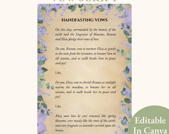 Guion de votos para ceremonia de unión de manos, floral, botánico, pagano, pagano, ceremonia de boda, recuerdo, ritual wiccano, plantilla editable de Canva, imprimible